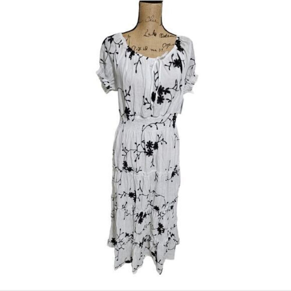 Anthropologie x Kindred Black and White Embroidered Floral Tiered Maxi Dress 3X‎